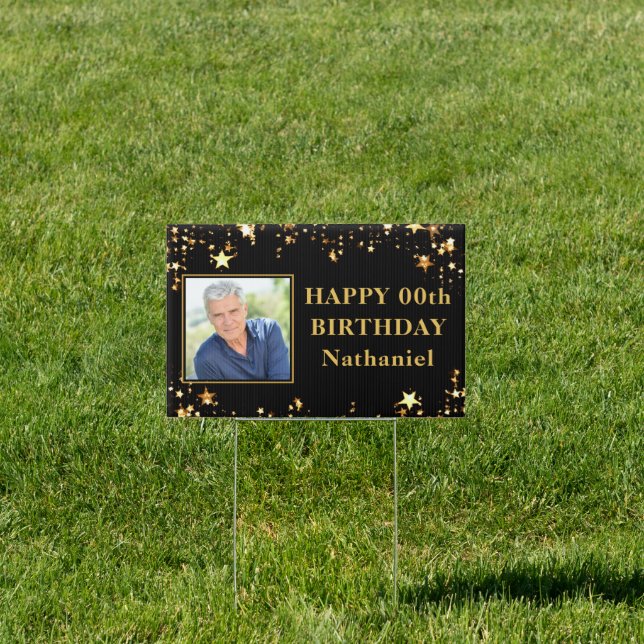 Birthday Any Age Photo Black and Gold Stars Sign (Insitu)