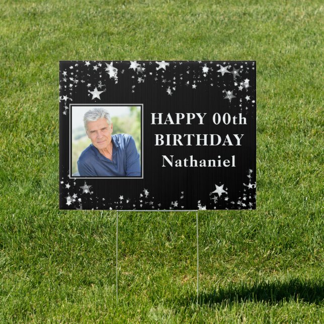Birthday Any Age Photo Silver Stars Black Sign (Insitu)