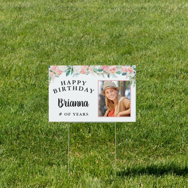 Birthday Any Age Pink Blush Rose Floral Photo Sign (Insitu)