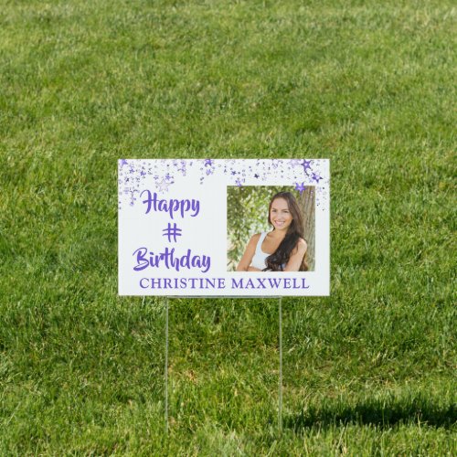 Birthday Any Age Purple Stars Photo Personalized Sign