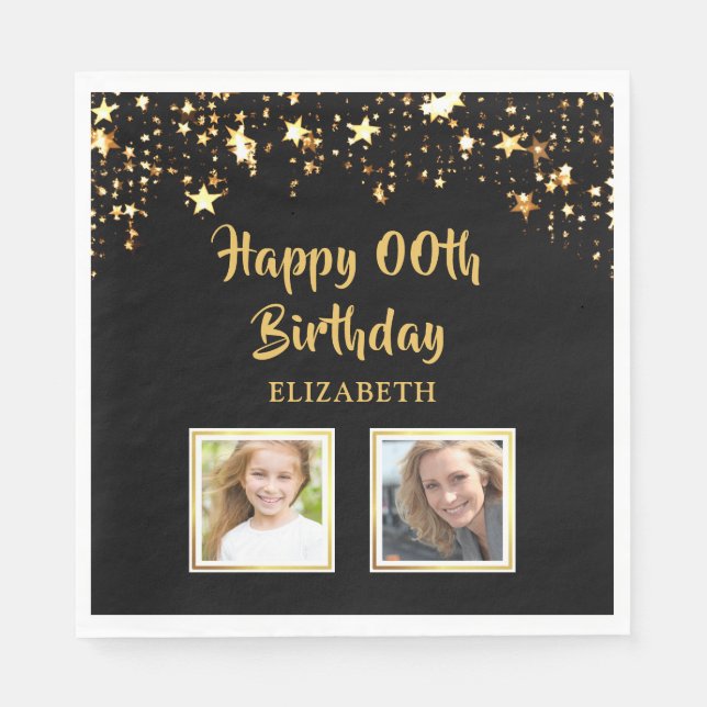 Birthday ANY AGE Then and Now Photos Gold Stars Napkins (Front)