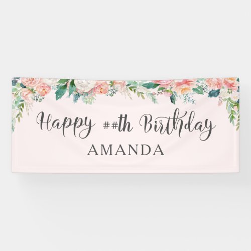 Birthday ANY AGE Watercolor Blush Pink Floral Banner