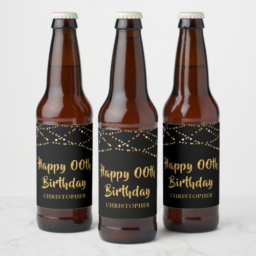 Birthday Any Year Black Gold String Lights Name Beer Bottle Label