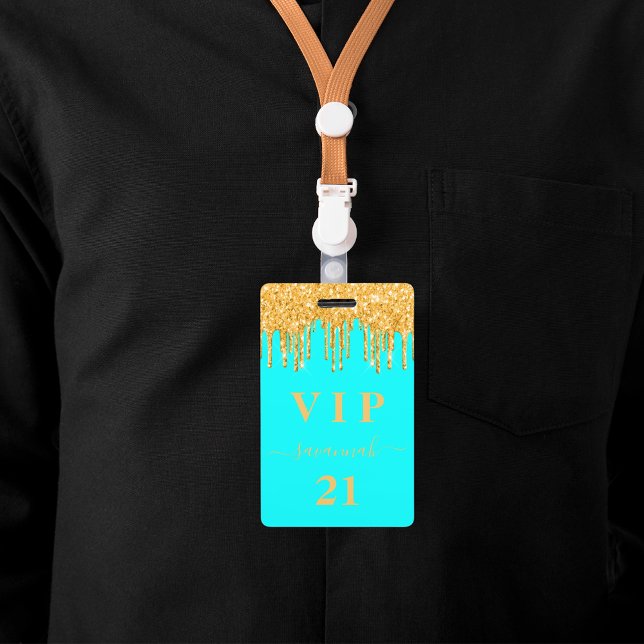 Birthday aqua gold glitter drips monogram vip badge (Creator Uploaded)