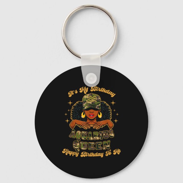 Birthday Aquarius Queen Camo Black Woman African Z Keychain (Front)