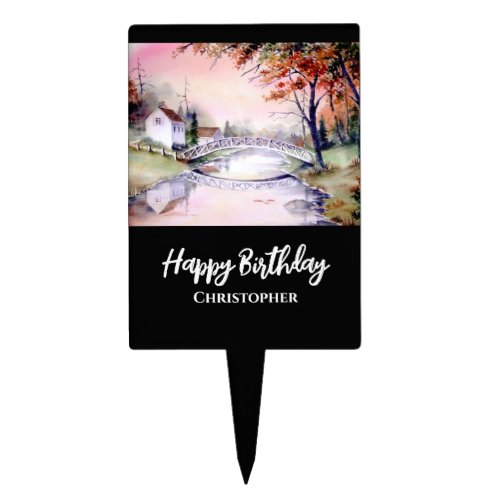 Birthday Arched Bridge Autumn Watercolor Painting Cake Topper