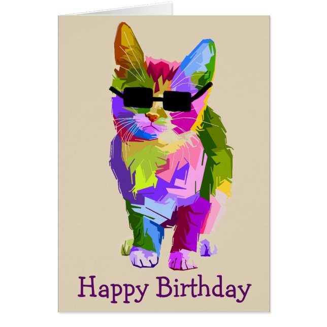Birthday art cool pop art kitty cat cards (Front)