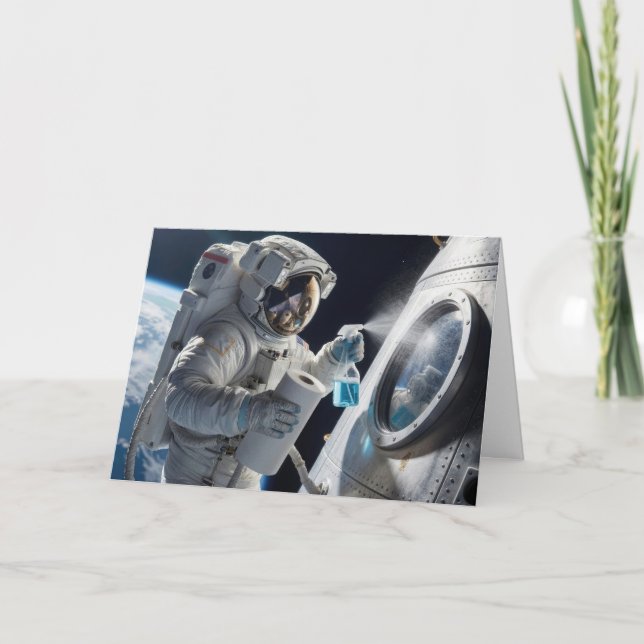 Birthday Astronaut Cleaning Spacecraft Window Card (Front)