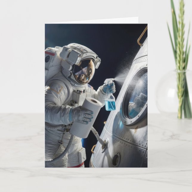 Birthday Astronaut Cleaning Spacecraft Window Card (Front)