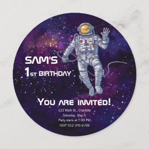 Birthday. Astronaut in Space with Stars & Galaxy. Invitation