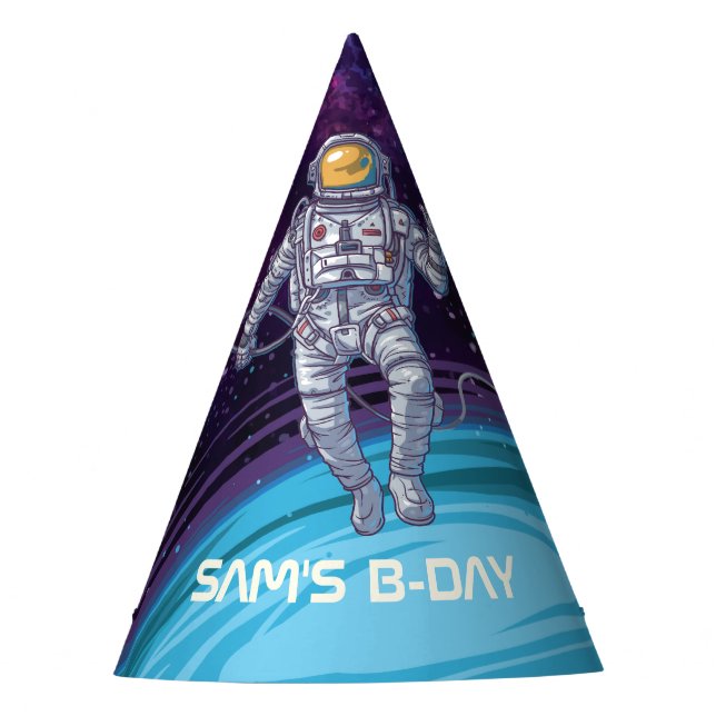 Birthday. Astronaut in Space with Stars & Galaxy. Party Hat (Front)