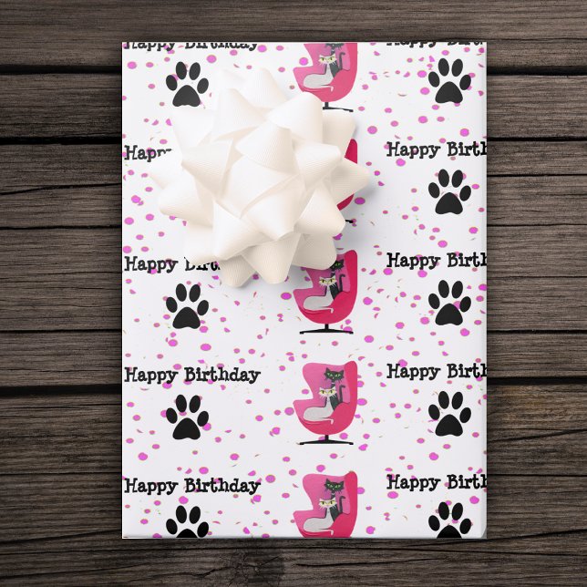 Birthday Atomic Cats Pink Chair Paw Prints Dots Wrapping Paper Sheets (Atomic black white cats in pink chair black cat paw prints on white pink dotted Birthday gift wrap.)