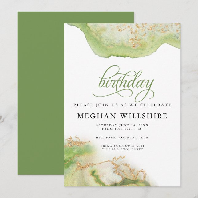 Birthday August Peridot Watercolor Geode Invitation (Front/Back)