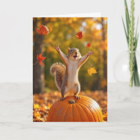 Birthday Autumn Squirrel Tossing Leaves in the Air
