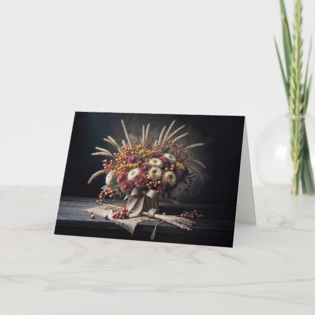 Birthday Autumn Wheat Stalks and Mum Bouquet  Card (Front)