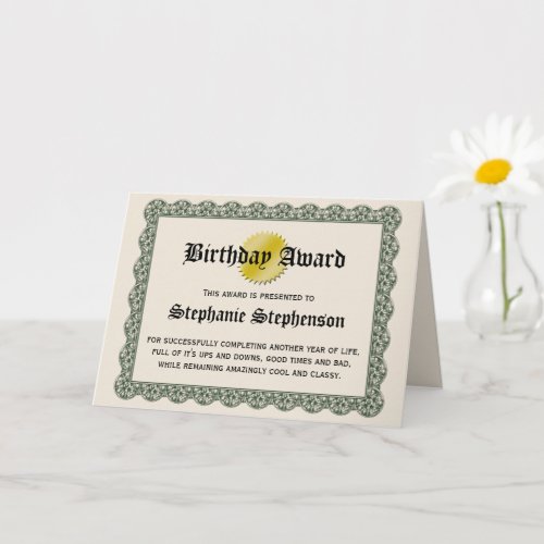 Birthday Award Certificate Appreciation Greeting Card