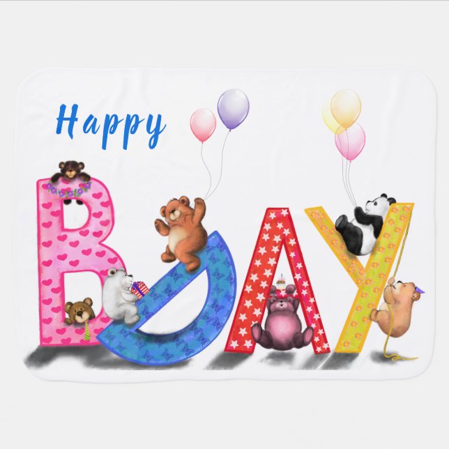 Birthday Baby Blanket Happy Bear Party (Horizontal)