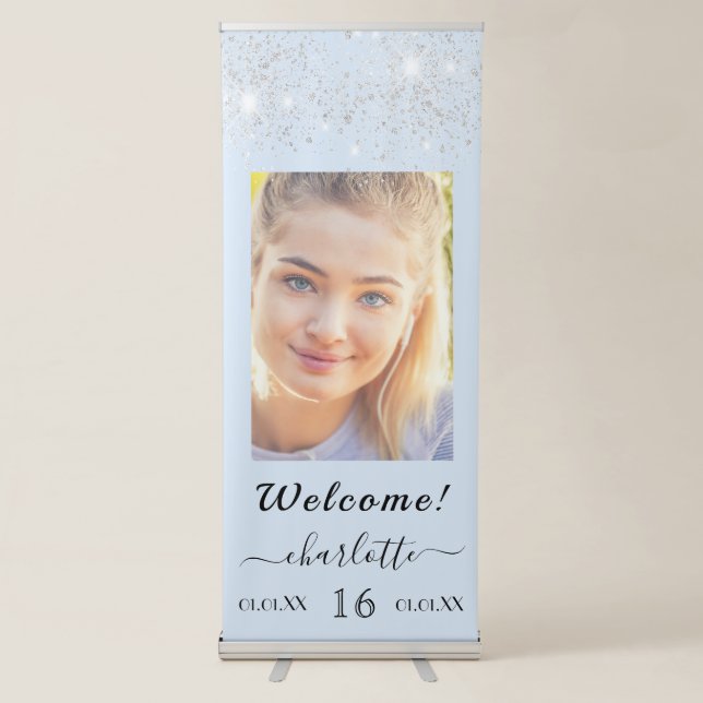 Birthday baby blue silver glitter dust photo retractable banner (Front)