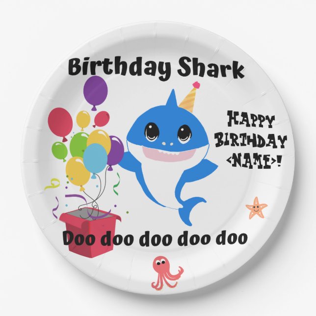 Birthday Baby Shark Party Paper Plates (Front)