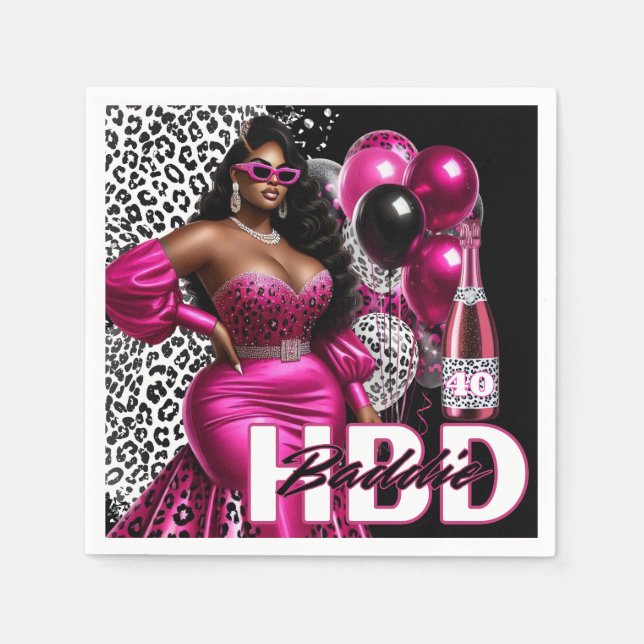 Birthday Baddie Black Woman Pink & Leopard Napkins (Front)