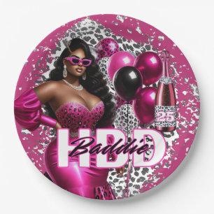 Birthday Baddie Black Woman Pink & Leopard Paper Plates