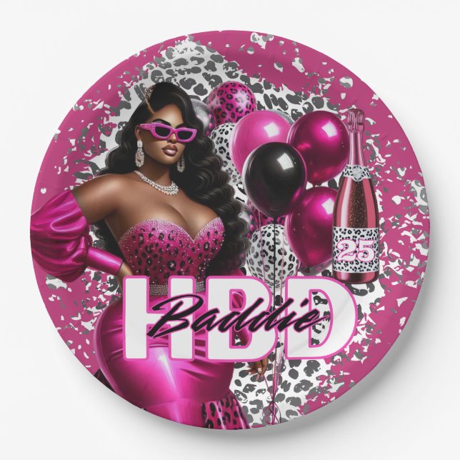 Birthday Baddie Black Woman Pink & Leopard Paper Plates (Front)