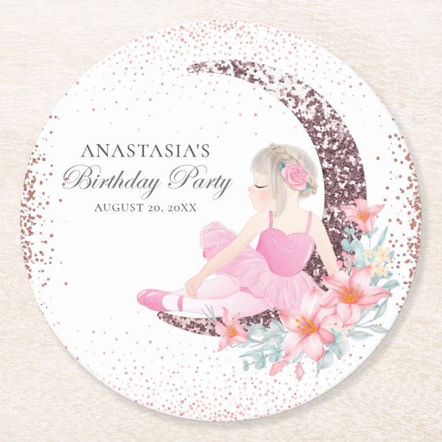 Birthday Ballerina Glitter Personalized Round Paper Coaster (Front)