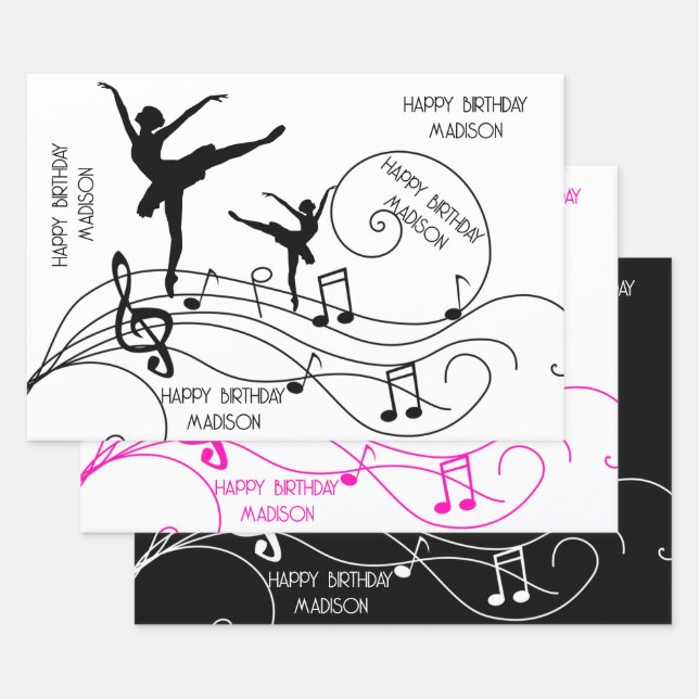 Birthday Ballerina Illustration & Music Notes  Wrapping Paper Sheets (Set)