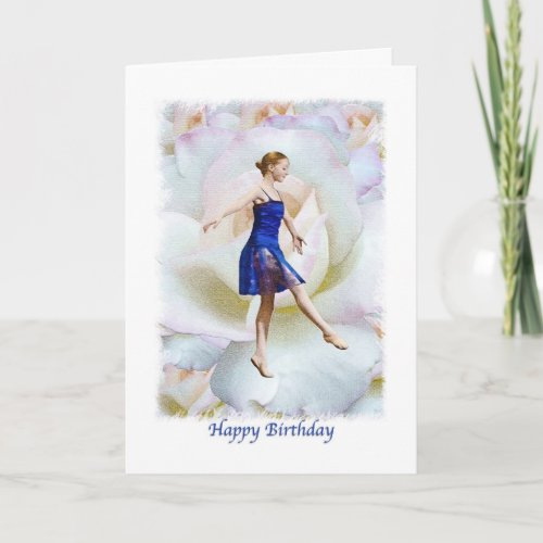 Birthday Ballerina in Blue on a White Rose Card