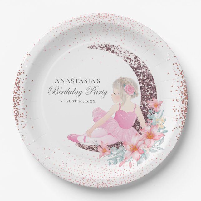 Birthday Ballerina Moon Glitter Personalized Paper Plates (Front)