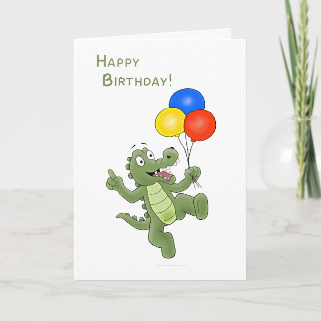 Birthday Balloon Carrying Cartoon Alligator Card (Front)