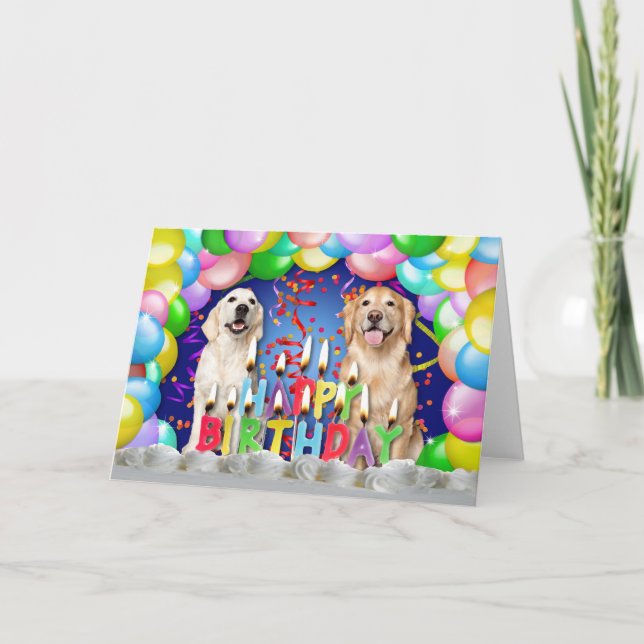 Birthday Balloon Drop - Golden Retrievers Card (Front)