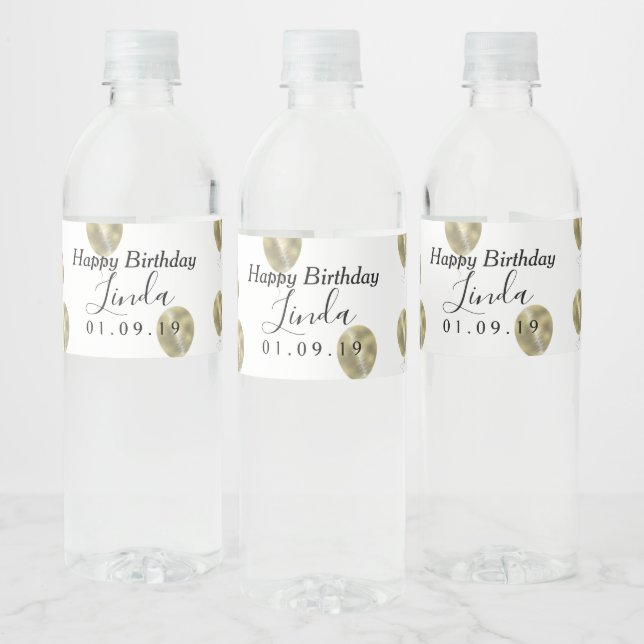 Birthday  Balloon Faux Foil Gold Pattern Water Bottle Label (Bottles)