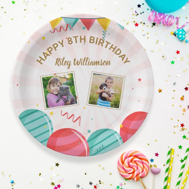 Birthday Balloon Gold Pink Confetti Photos Any Age Paper Plates (Creator Uploaded)