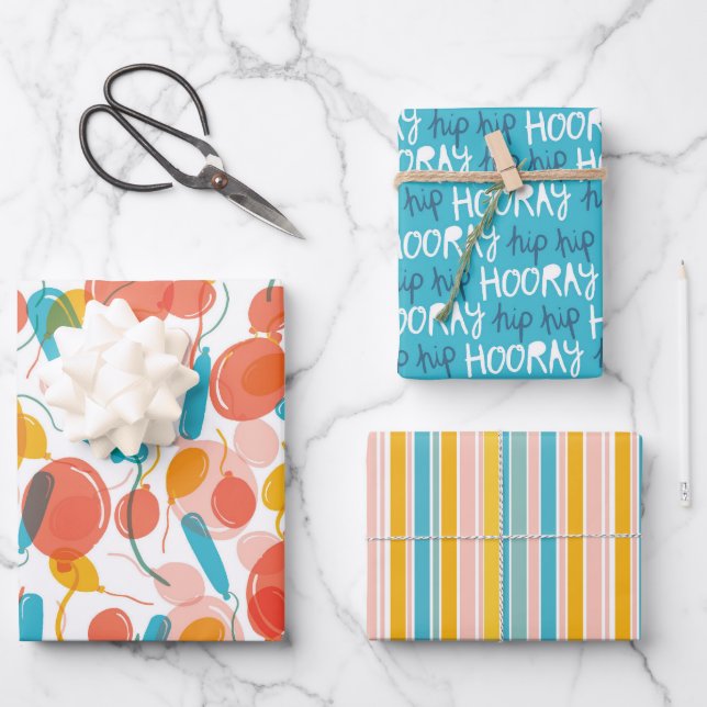 Birthday Balloon Hip Hip Hooray Wrapping Paper Sheets (Front)