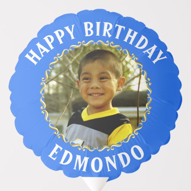 Birthday Balloon photo name Gold Circle blueBG (Front)