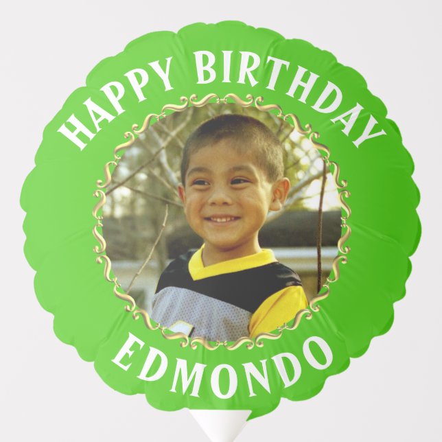 Birthday Balloon photo name Gold Circle greenBG (Front)