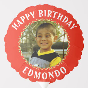 Birthday Balloon photo name Gold Circle redBG