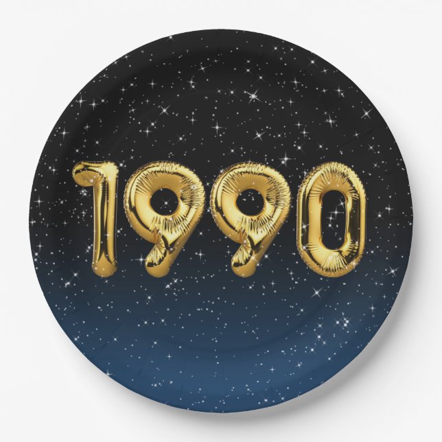 Birthday Balloons 1990 In Stars Paper Plate (Front)