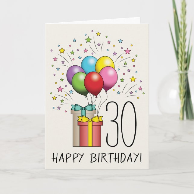 Birthday Balloons And Presents With Age And Text Card (Front)