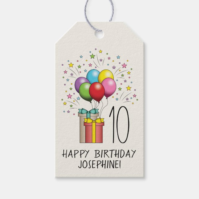 Birthday Balloons And Presents With Age And Text Gift Tags (Front)