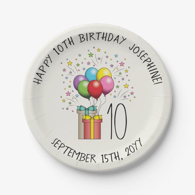Birthday Balloons And Presents With Age And Text Paper Plates (Front)
