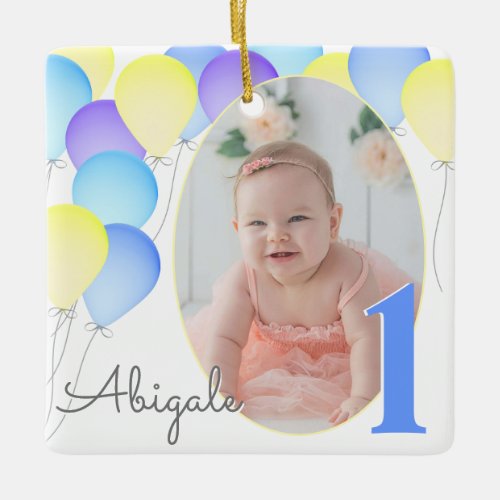 Birthday Balloons Babys First Birthday with Photo Ceramic Ornament