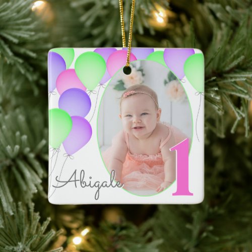 Birthday Balloons Babys First Birthday with Photo Ceramic Ornament