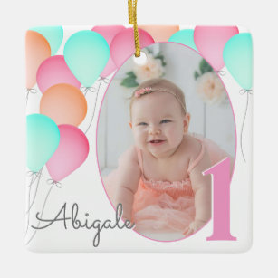 Birthday Balloons Baby's First Birthday with Photo Ceramic Ornament