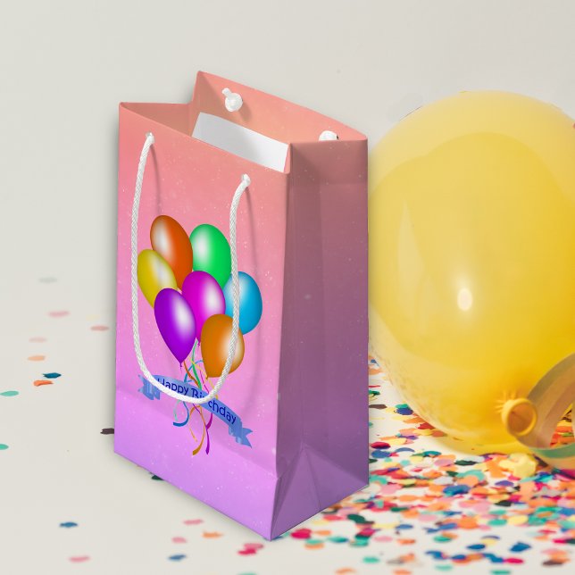 Birthday Balloons Bright Colours Streamers Pretty Small Gift Bag (Vibrant group of festive Happy Birthday balloons streamers on peach, pink purple gift bag.)