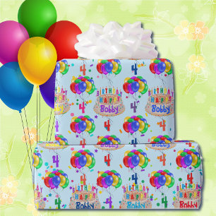 Birthday Balloons Cake Personalize Boy's Name Age Wrapping Paper