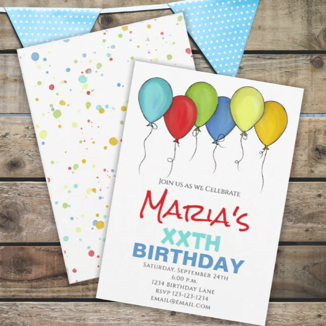 Birthday Balloons Confetti Modern Party Cute Fun Invitation | Zazzle