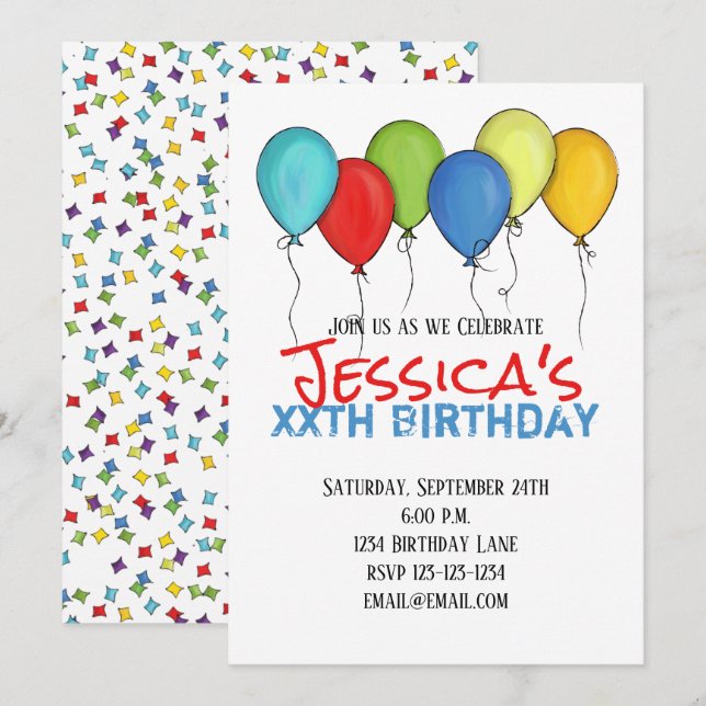 Birthday Balloons Confetti Modern Party  Invitation (Front/Back)