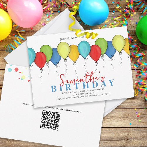Birthday Balloons Confetti Modern Party QR Code Invitation